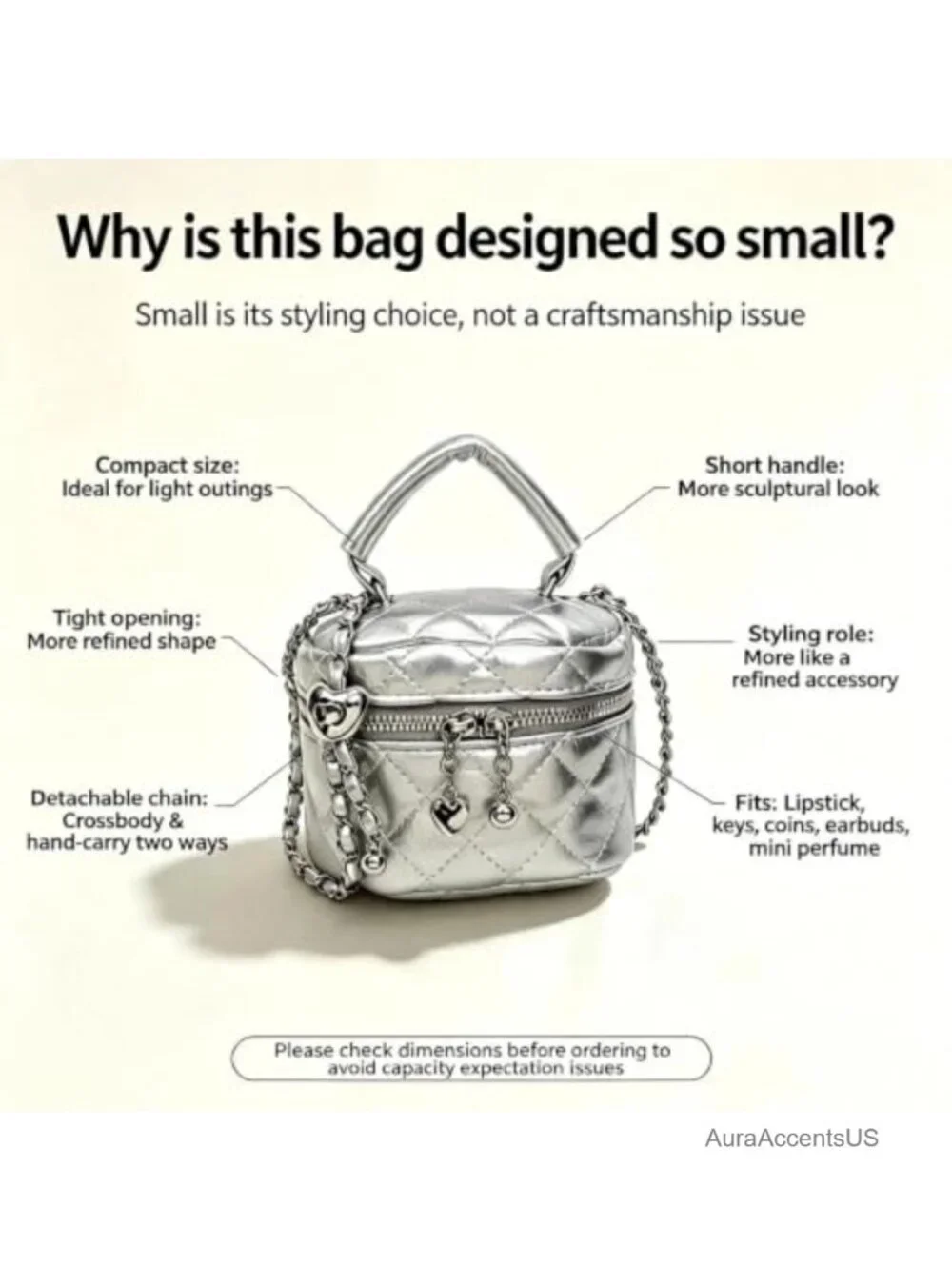 Quilted Metallic Mini Box Crossbody Bag with Chain Strap and Heart Charm